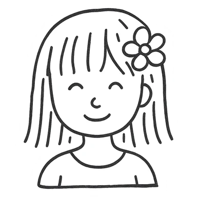 girl with straight hair, flower in hair, summer hand-drawn style outlined icon sticker
