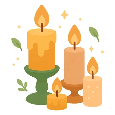 Several cute, glowing candles with flickering flames, set in a cozy and magical atmosphere, designed in a soft color palette: golden orange (FA9B41), deep forest green (4A7C5C), warm taupe brown (96775A), and pastel peach (FFCC9A). The candles are in delicate, slightly vintage holders, with the flames casting a gentle, warm glow. The wax is in shades of golden orange and peach, with subtle gradients, and small decorative patterns or tiny sparkles around them. The soft light from the candles creates a dreamy, enchanting ambiance, surrounded by tiny floating leaves or soft mist. The overall mood is serene, inviting, and magical. sticker