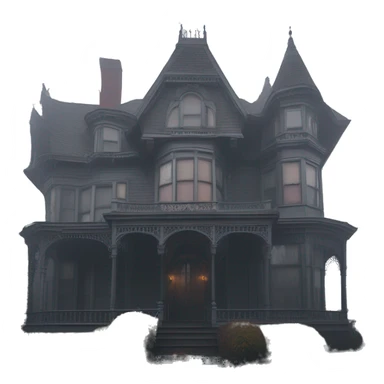 Fantastic Wide full view, A very roomy ramshackle Victorian Addams’s mansion looms through light fog at noon  sticker