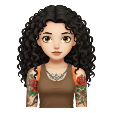 a pretty bratz fair girl with black long curly hair in a brown tank top with tattoos sticker