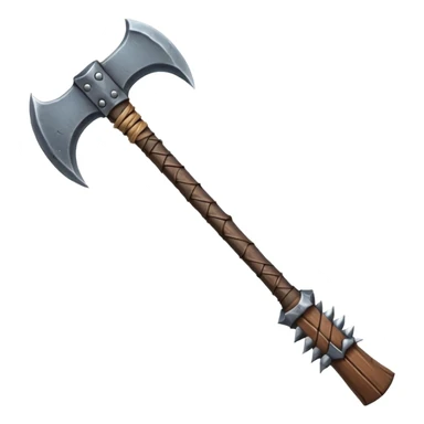 savage barbarian axe object icon, spiked double blade, battle-worn metal, scratches, heavy fantasy weapon, 3D cartoon, mobile game icon style, centered, clean background, no text, no watermark sticker
