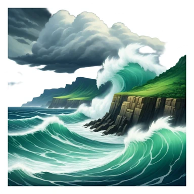 A dramatic view of a raging ocean with massive waves crashing against the shore, surrounded by a breathtaking landscape of cliffs and lush greenery. The sky above is filled with dramatic clouds, highlighting the raw power of nature and the beauty of the untamed seascape. sticker