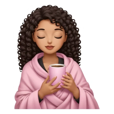 hispanic woman, brown skin, black long 3b curls, closed eyes, feminine face, holding soft pink coffee cup with beige blanket over shoulders, correct fingers, no eyeshadow sticker