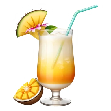 A beautiful cocktail with a creamy white to orange gradient, containing coconut juice and mango, reminiscent of summer. Above, there are tropical flowers, lemon slices, and a straws. sticker