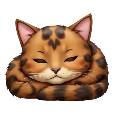 Meme-Worthy Cute Sleeping Tortoiseshell Cat Portrait Emoji, Head resting with a serene, sleepy smile and softly closed, dreamy eyes, showcasing a warm, mottled fur of rich browns and blacks, simplified yet adorably detailed, glowing with a gentle, drowsy radiance, high shine, exuding relaxed, heart-melting charm, styled with a soft glowing outline, capturing the essence of a sleeping tortoiseshell cat that radiates pure, peaceful cuteness! sticker
