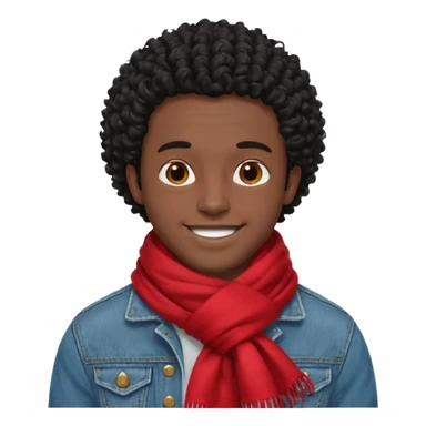 black skin man, curly black hair wear big red scraft, jean jacket sticker