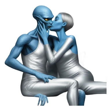 A reptilian alien woman in silver dress kissing human man in blue dress, on sofa sticker