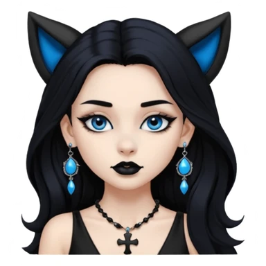 A girl with long black hair and blue eyes, black eyeshadow, black eye liner, mascara, and black lipstick, and black skull earrings. Also a black sexy dress and wolf ears  and a black pendent necklace and a black cross below her right eye sticker