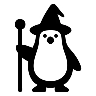 penguin wizard holding a staff, wearing a wizard hat, solid filled icon, simple and bold sticker