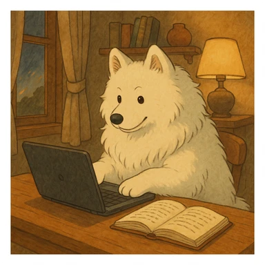 Samoyed writing a novel using a laptop sticker