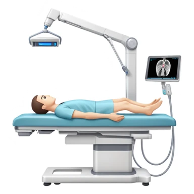 3D medical DEXA scan machine with male patient lying on examination table, bone density measurement equipment with scanning arm over patient sticker