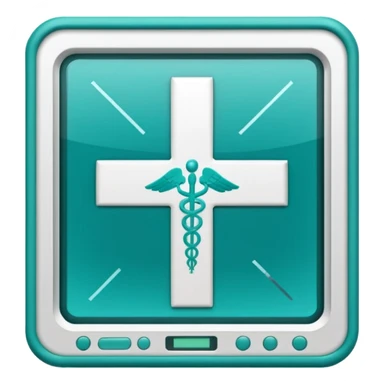Emoji-style icon of a medical cross inside a scan frame with data lines, symbolizing AI disease detection. Simple emoji design, teal and white theme, no text, transparent background. sticker