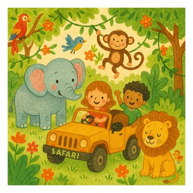 hand drawn digital illustration of jungle safari in the style of children's illustration sticker