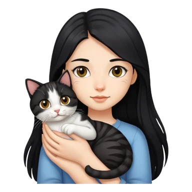 Long black hair girl holding a tabby cat sticker