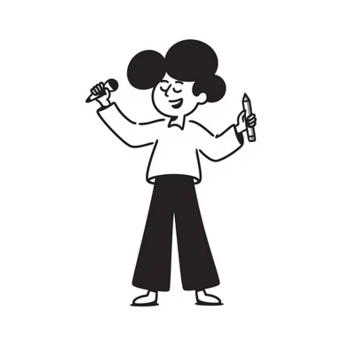 joyful singer with big smile holding a microphone in left hand and pencil in right hand sticker