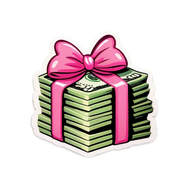 stack of money with a pink bow sticker