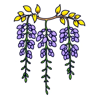 Decorative wisteria flower with elegant drooping clusters of purple blossoms and small bright green leaves sticker