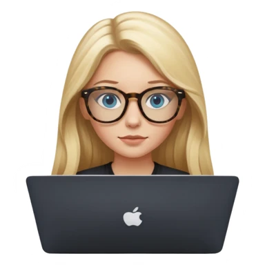 long blonde hair woman blue eyes on mac lap top with tortoise shell print glasses with black shirt sticker