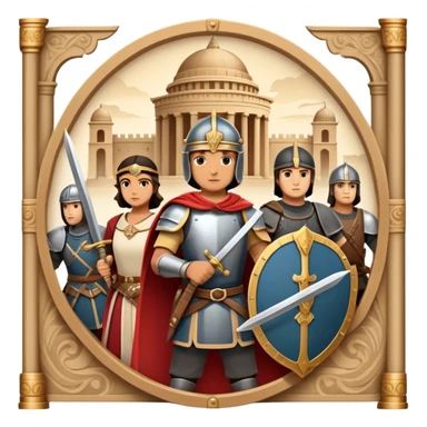 Icon for Historical Movies: A vintage movie poster-style design with elements of ancient architecture, historical figures in period costumes, and a backdrop of a historical event or battle. Include scrolls, swords, and shields. Retro cinematic feel. Transparent background. sticker