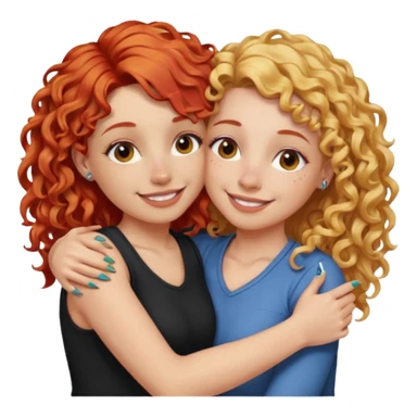 A woman with pencil straight, blonde hair and a nose piercing and a woman with curly red hair and a nose piercing are hugging and smiling together. sticker