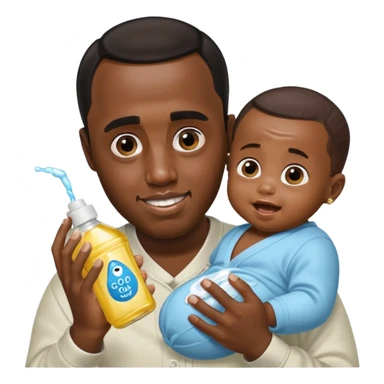 Sean “Diddy” Combs with baby oil and a very small infant and he’s pouring the baby oil on the baby and they have a scared face they’re really scared while diddy is happy sticker