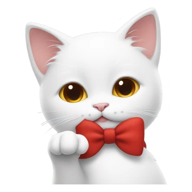 White cat cartoon with red bow doing a peace sign sticker