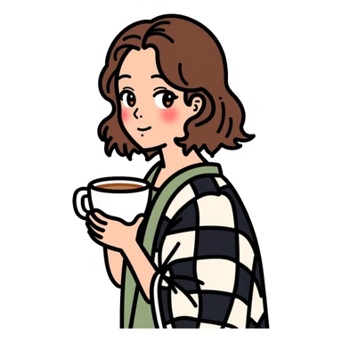 A 16-year-old girl with brown eyes and brown hair, with a black and white checkered blanket on her back, holding a white cup of tea in her hand sticker