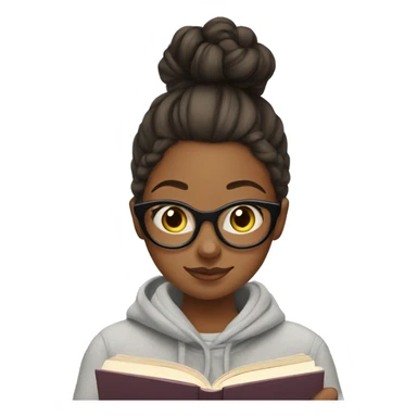 Girl with bun and in sweatshirt and sweatpants reading a book sticker