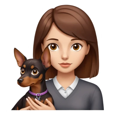 a girl with brown hair in a side part, brown eyes, holding a mini doberman pincher sticker