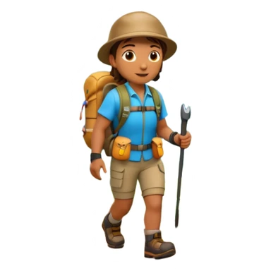 A 3D cartoon hiker walking on a forest trail with flowers and mountains in the distance, bright daylight, Memoji-style. sticker