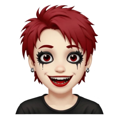 Laughing pale Goth boy with piercings, with shaggy brown hair, and messy black eyeliner , smudged, red, lipstick  sticker