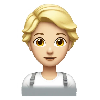 Blond short hair woman with curvy body. White shirt and jeans. Construction helmet on hands sticker
