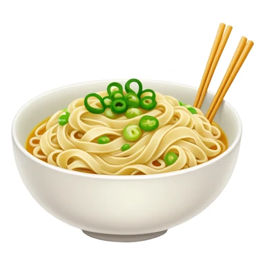 Shanghai Scallion Oil Noodles with green onion topping, simplified emoji style with bold outlines and bright colors, cartoon style simple Cong You Ban Mian sticker