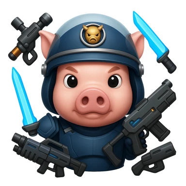 Add more sci-fi weapons to the pig Helldiver, such as futuristic rifles, energy swords, or grenade launchers, in the style of emoji (apple style emojis). sticker