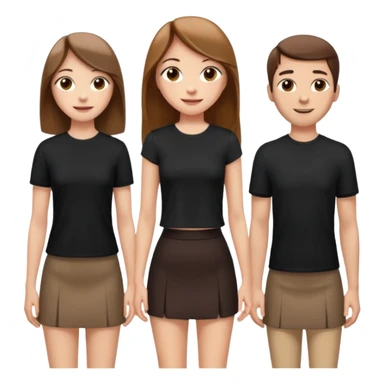 emoji of a girl with long, straight light brown hair, fair skin, soft brown eyes. Wearing a stylish black top and mini skirt. Full-height, standing confidently with shoulders back, head up, smiling proudly. Surrounded by 3men and one woman next to her, looking at her with admiration. sticker