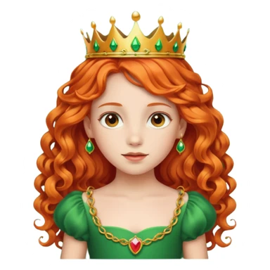 girl kid, Princess with long curly red orange hair, green dress, small crown sticker