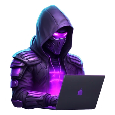 Side view developer behind his laptop with this style : crysis Cyberpunk Valorant neon glowing bright purple character purple violet black hooded assassin themed character sticker