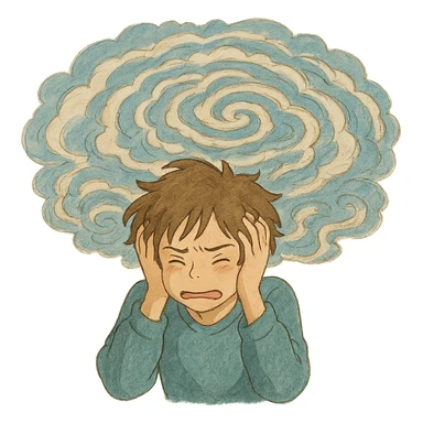 person holding head overwhelmed by swirling thoughts in ghibli style sticker