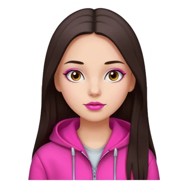 generate a pretty fair bratz girl with dark brown eyes, dark brown hair straight long. Wearing a hot pink zipper hoodie, pink lipgloss sticker