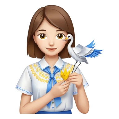 Happy Ukrainian young girl with brown hair in a white embroidered shirt holds an origami yellow and blue crane sticker