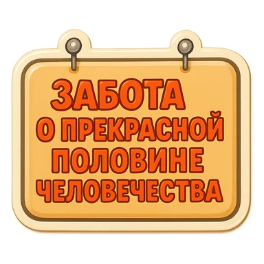 flat rectangular beige sign with rounded corners and light shadow, two nails at the top, retro sticker style, text 'Забота о прекрасной половине человечества' in two compact and readable lines sticker