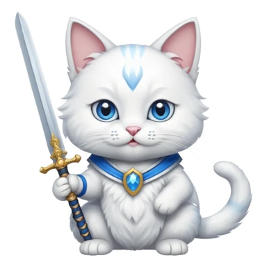 un gato blanco con una espada en cada mano y una en la boca sticker