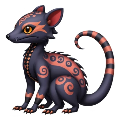 Rare warm-colored exotic gloomy tropical edgy cute epic aesthetic spooky  gothic colorful Salandit-Noibat-Civet-species-Fakemon-hybrid-creature, with tribal tattoo markings, full body sticker