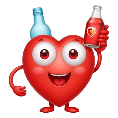 A red heart ❤️ with eyes, a mouth, and hands, looking tipsy and drunk, holding a bottle of drink in one hand, with a playful, wobbly expression sticker