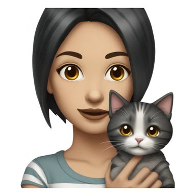 Beautiful dark haired tattooed woman holding gray and white stripe long haired cat sticker