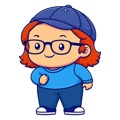 Young person with red hair, glasses, earrings and a wonderful smile, wearing blue clothes, jeans and a cap sticker