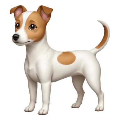 a full body white jack russel looking dog the size of a kelpie with light brown ears and a light brown patch on one eye, flopped down ears and a large snout sticker