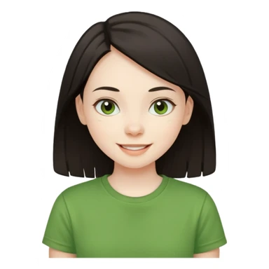 Young girl with straight, dark hair, damaged and unattractive, wearing a green T-shirt, looking happy and cheerful. sticker