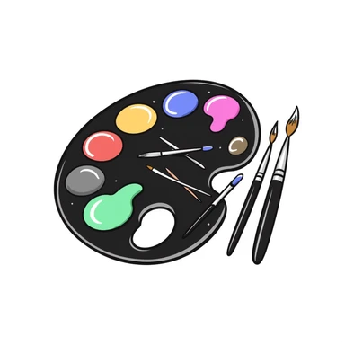 Detailed artist's palette with colorful paint blobs, palette holes, and paintbrushes nearby. Detailed and intricate doodle style. sticker