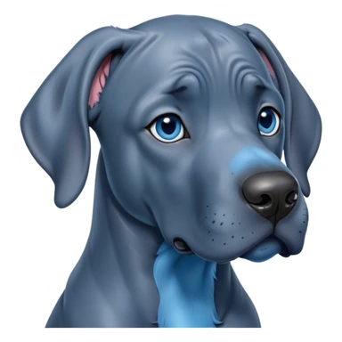 Cinematic Cute Blue Great Dane Portrait Emoji, Head tilted playfully and inquisitively, featuring a glossy blue Fur with a refined sheen, round, sparkling steel-blue eyes filled with curiosity, Simplified yet irresistibly adorable features, highly detailed, glowing with a warm, friendly glow, high shine, affectionate and gentle, stylized with a touch of whimsy, bright and endearing, soft glowing outline, capturing the essence of a mischievous yet loving pup, so playful it feels like it could lumber out of the screen and into your arms! sticker